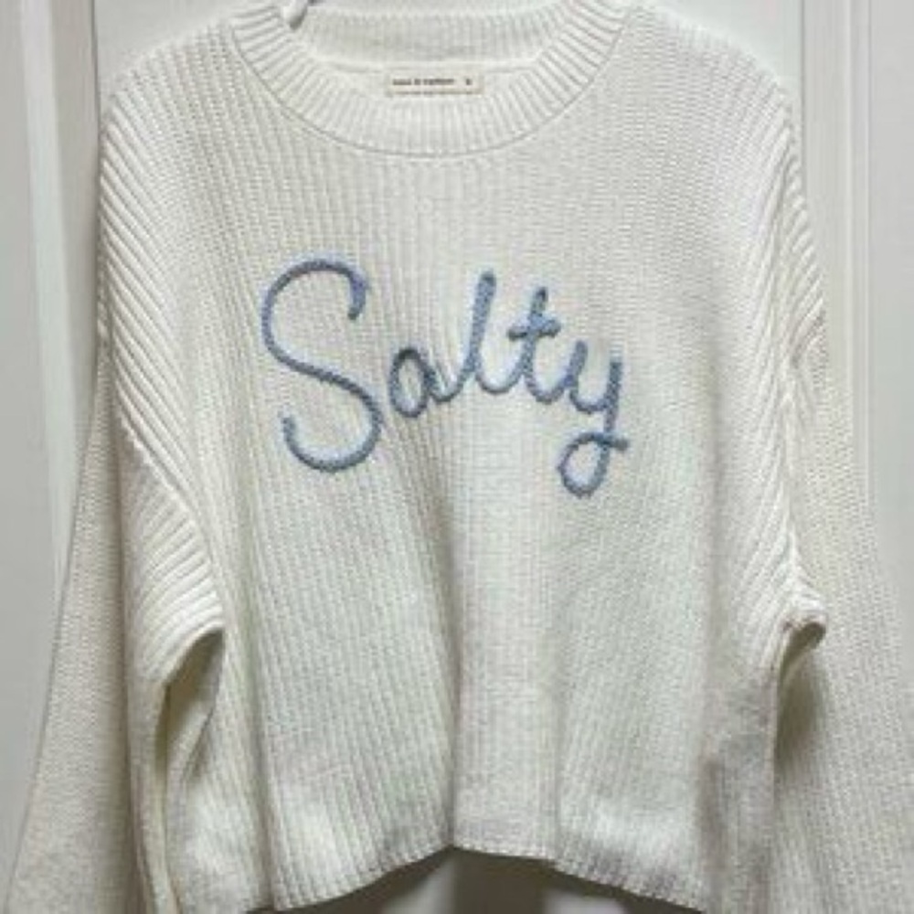 moon & madison Cream Sweater with Blue 'Salty' Design